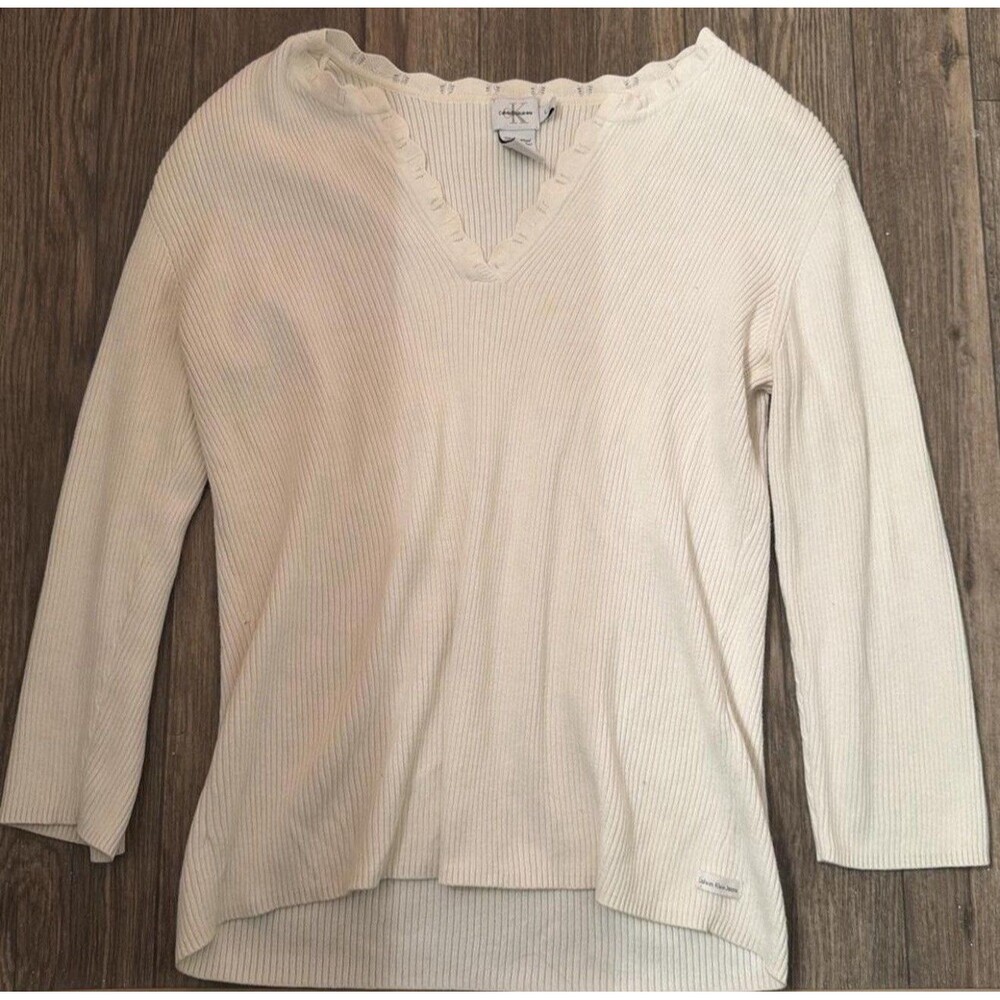VTG 90s Calvin Klein Jeans Cream Ribbed Sweater Top Lace Trim Coquette Y2K SizeL